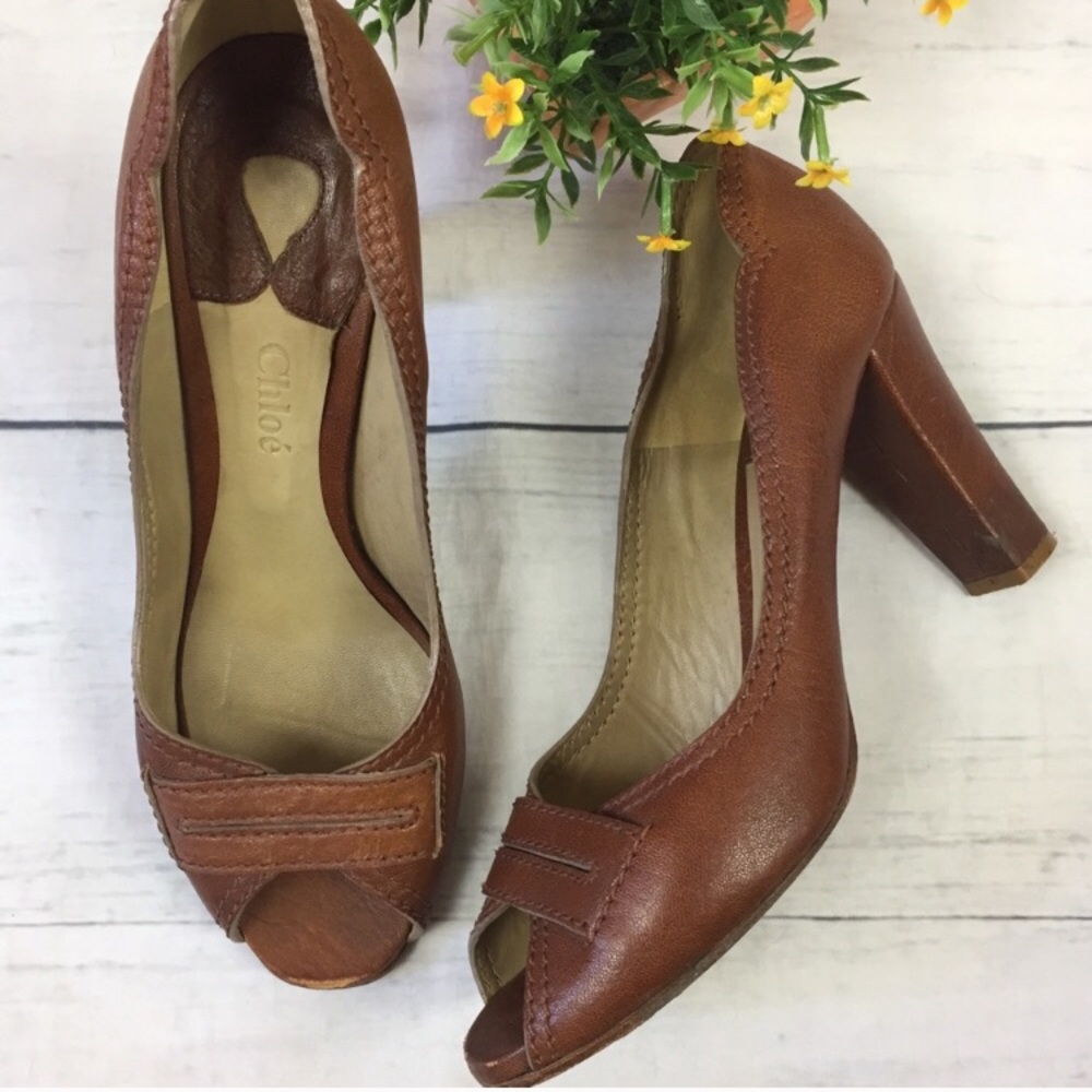 Chloe Leather Peep Toe Brown Heels